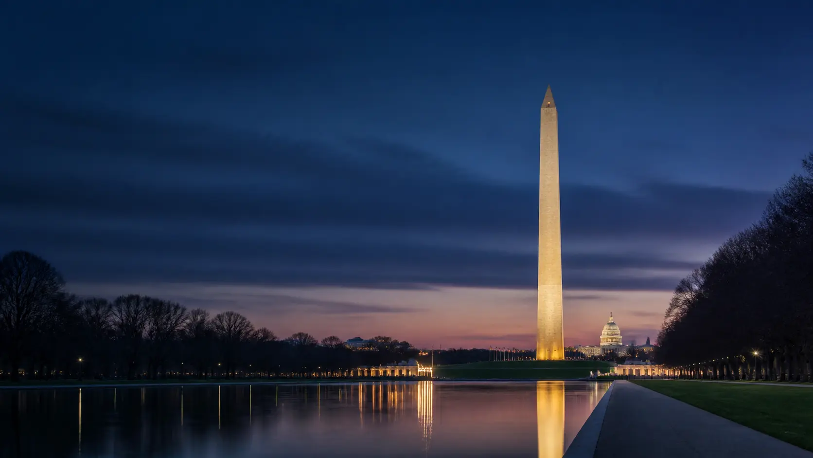 Washington Monument and U.S. Capitol at blue hour